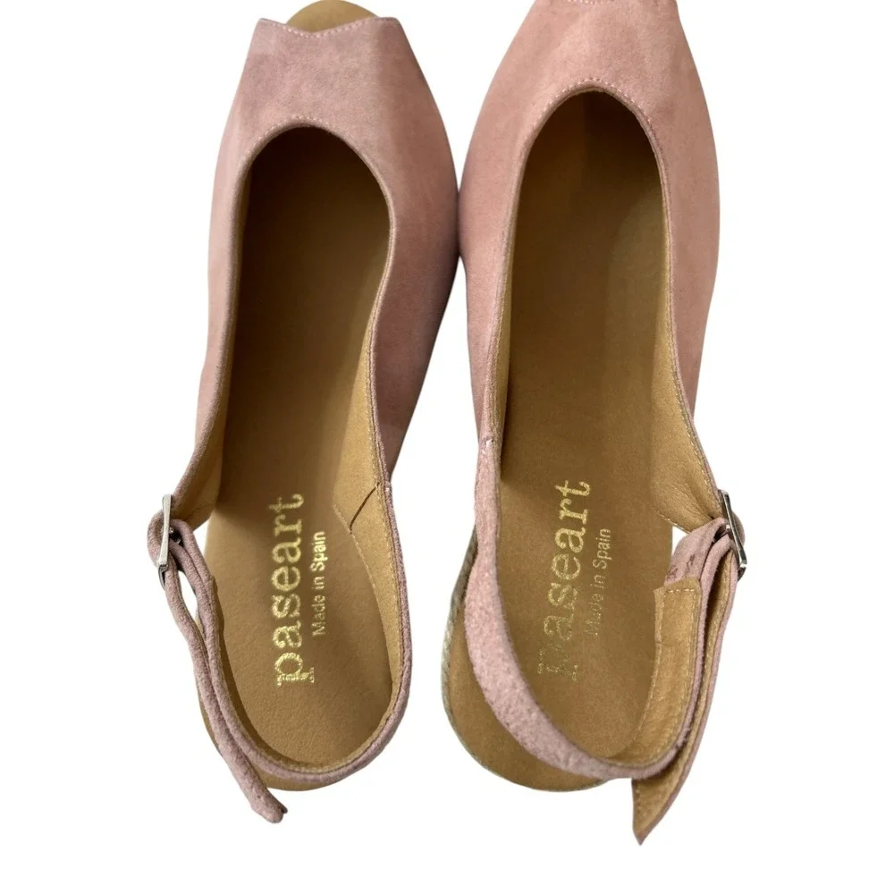 Paseart Pink Suede Peep Toe Espadrille Wedges Size EU- 38 US-7.5